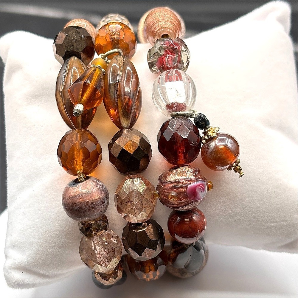 VTG Set of 3 Stretch Bracelets Boho Chunky Acrylic Glass Beads Brown Copper Tone